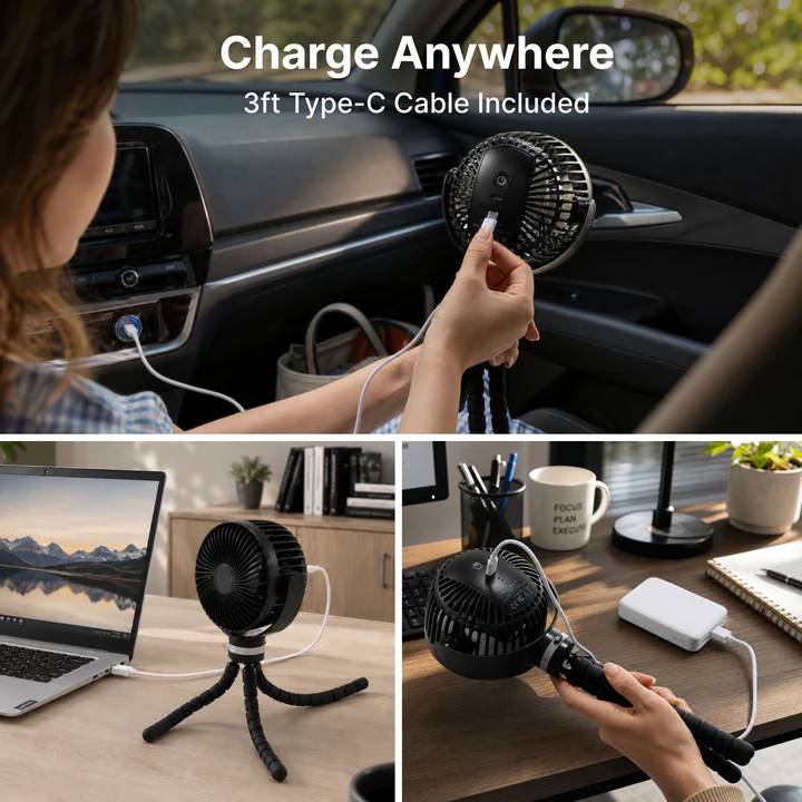 5000mAh Portable Stroller Fan - 3-Speed Battery Operated, Flexible Clip-on Tripod, 360° Rotate Flexible Tripod