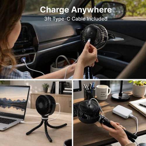 5000mAh Portable Stroller Fan - 3-Speed Battery Operated, Flexible Clip-on Tripod, 360° Rotate Flexible Tripod