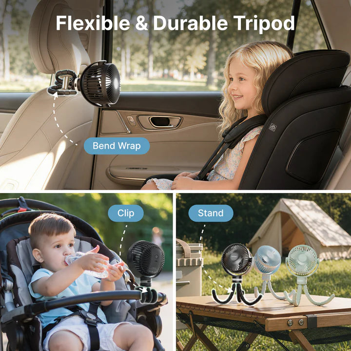 5000mAh Portable Stroller Fan - 3-Speed Battery Operated, Flexible Clip-on Tripod, 360° Rotate Flexible Tripod