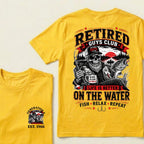 Custom EST.Year Retired Guys Club Life Is Better On The Water Fish Relax Repeat No Boss No Alarm No Problem Skeleton Fisherman Graphic T-Shirt