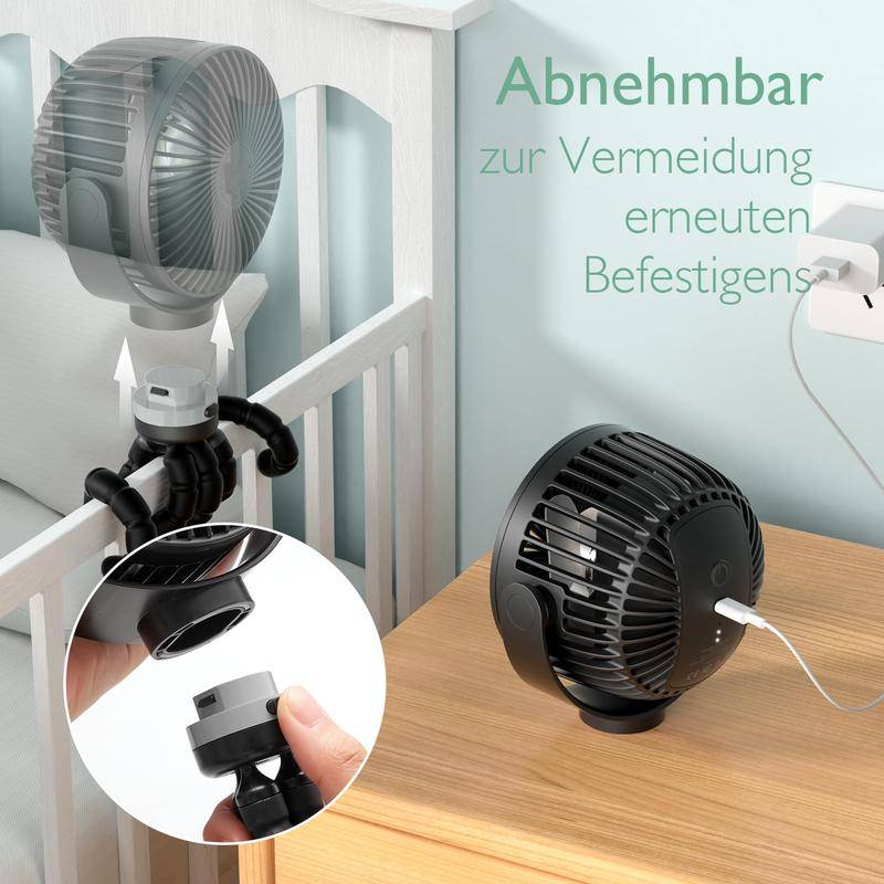 5000mAh Portable Stroller Fan - 3-Speed Battery Operated, Flexible Clip-on Tripod, 360° Rotate Flexible Tripod