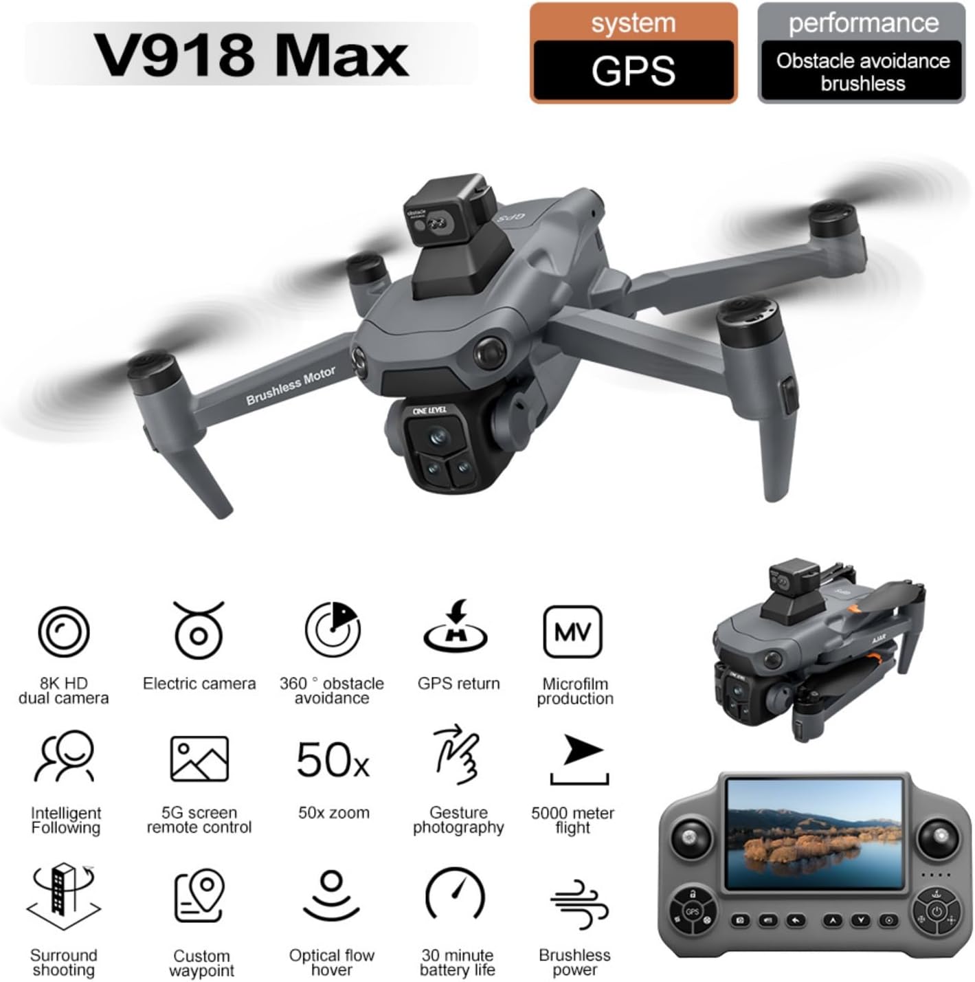 V918 Drones with Camera for Adults 4K, Under 249g Foldable Quadcopter, 8k Camera Drone with large screen controler and GPS Auto Return, Follow Me, Easy for Beginners,3 batteries