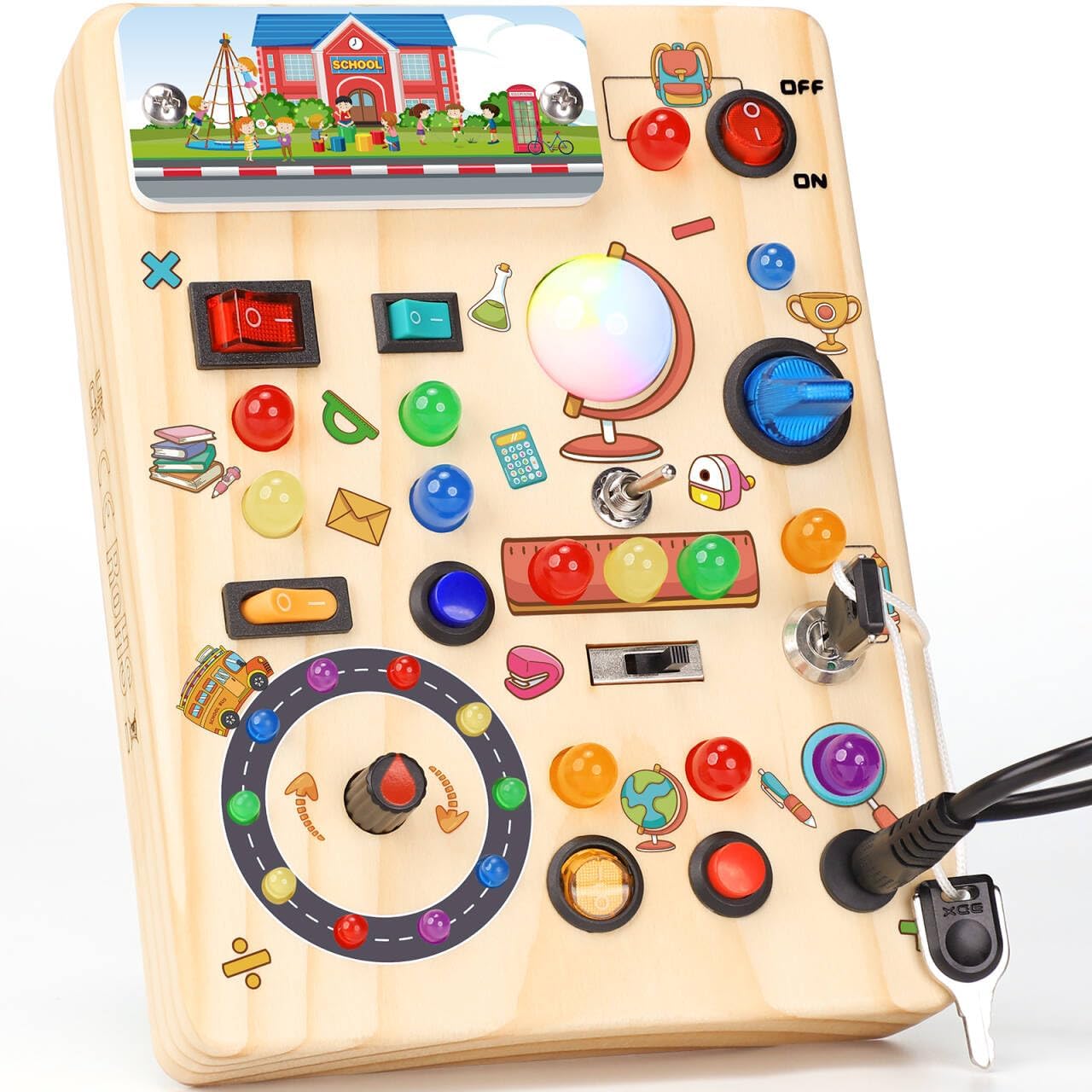 Montessori Wooden Busy Board with LED Light Switches - Sensory Activity Toy for Toddlers 💡🧩
