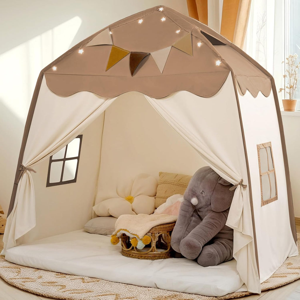 Extra Large Kids Play Tent with Star Lights & Flags - Indoor/Outdoor Playhouse (59" x 39" x 59") ⛺✨