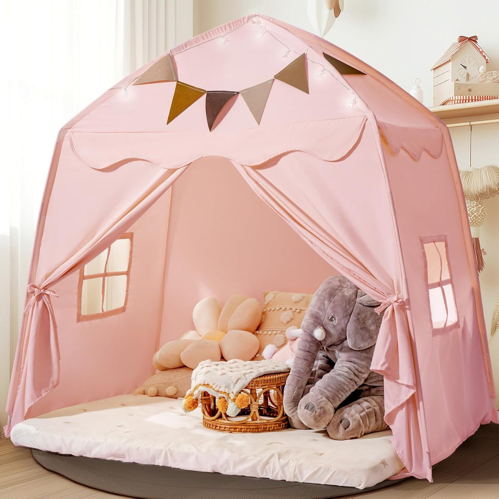 Extra Large Kids Play Tent with Star Lights & Flags - Indoor/Outdoor Playhouse (59" x 39" x 59") ⛺✨