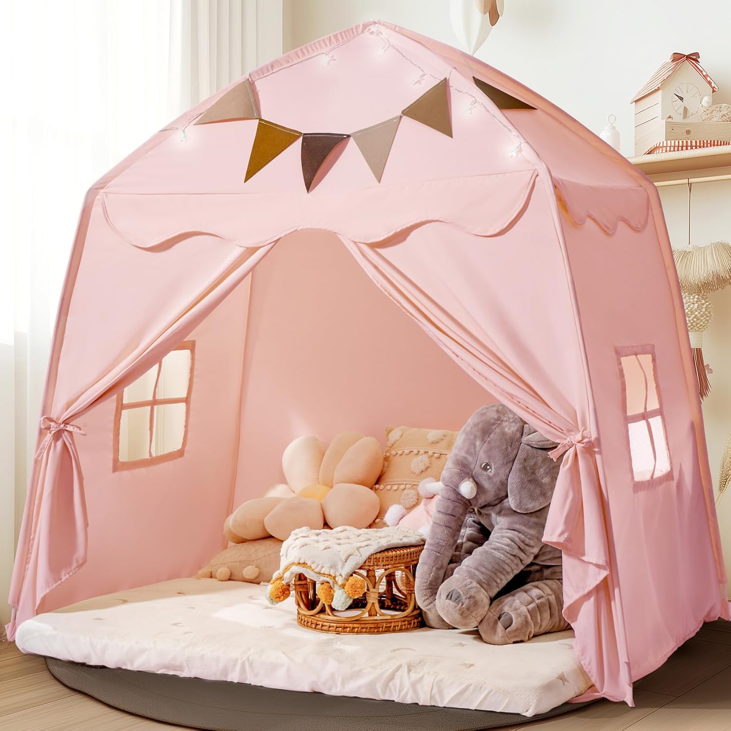 Extra Large Kids Play Tent with Star Lights & Flags - Indoor/Outdoor Playhouse (59" x 39" x 59") ⛺✨