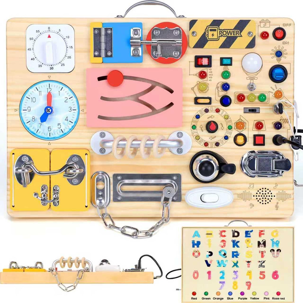 Montessori Wooden Busy Board with LED Light Switches - Sensory Activity Toy for Toddlers 💡🧩