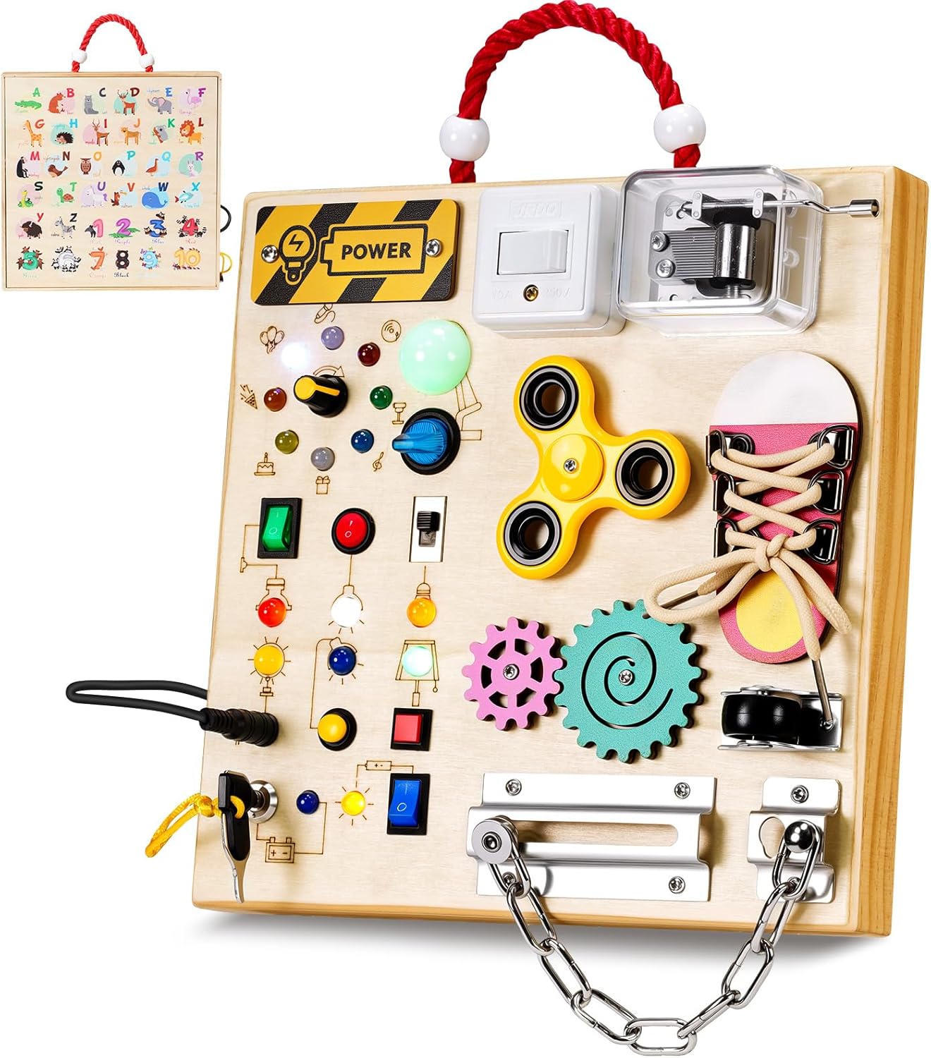 Montessori Wooden Busy Board with LED Light Switches - Sensory Activity Toy for Toddlers 💡🧩