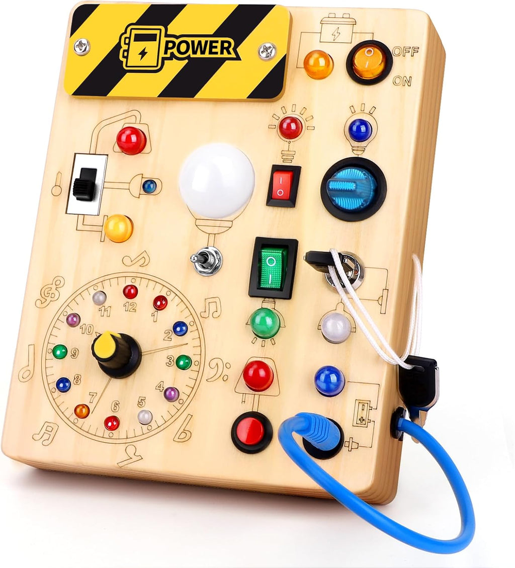 Montessori Wooden Busy Board with LED Light Switches - Sensory Activity Toy for Toddlers 💡🧩