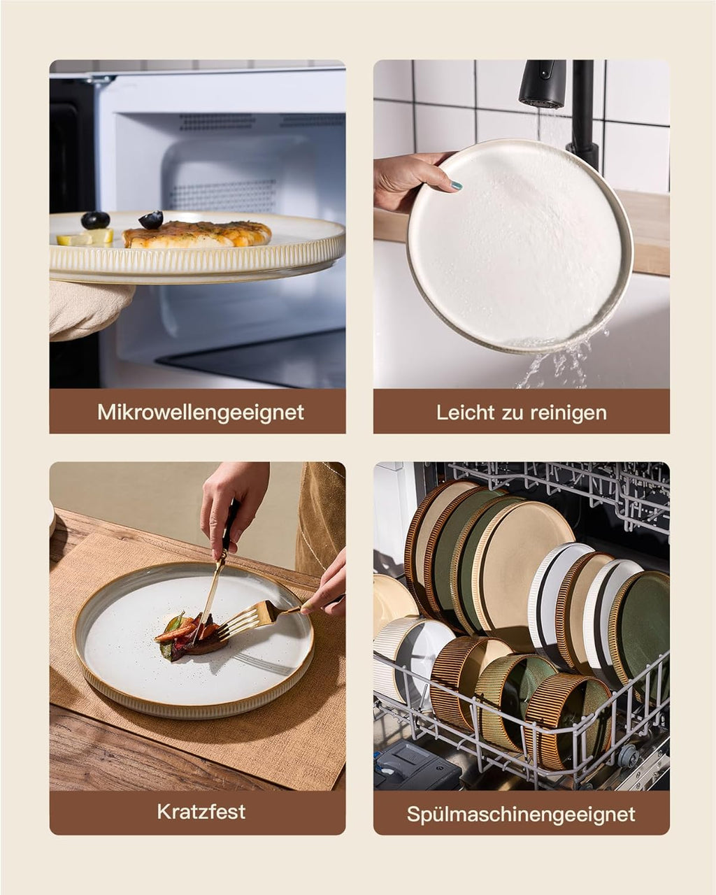 Richmount Star 12-Piece Plate Set, Crockery Set for 4 People, Stoneware Crockery Set, Anti-Scratch Dinner Service, Microwave & Dishwasher Safe, Cappuccino White