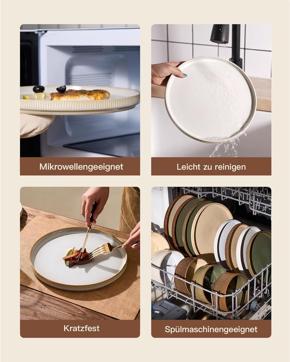 Richmount Star 12-Piece Plate Set, Crockery Set for 4 People, Stoneware Crockery Set, Anti-Scratch Dinner Service, Microwave & Dishwasher Safe, Cappuccino White