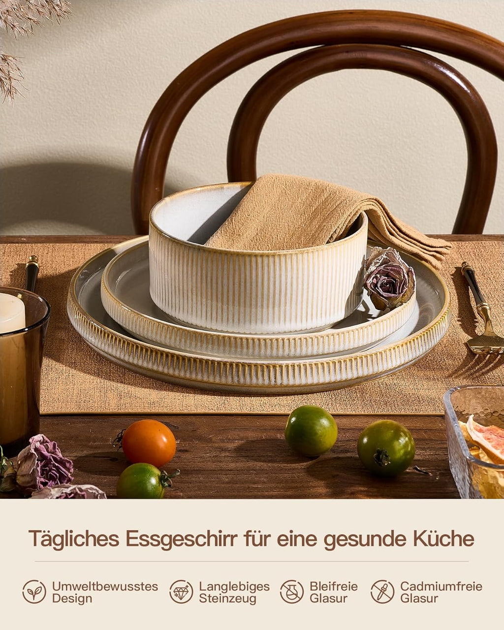 Richmount Star 12-Piece Plate Set, Crockery Set for 4 People, Stoneware Crockery Set, Anti-Scratch Dinner Service, Microwave & Dishwasher Safe, Cappuccino White