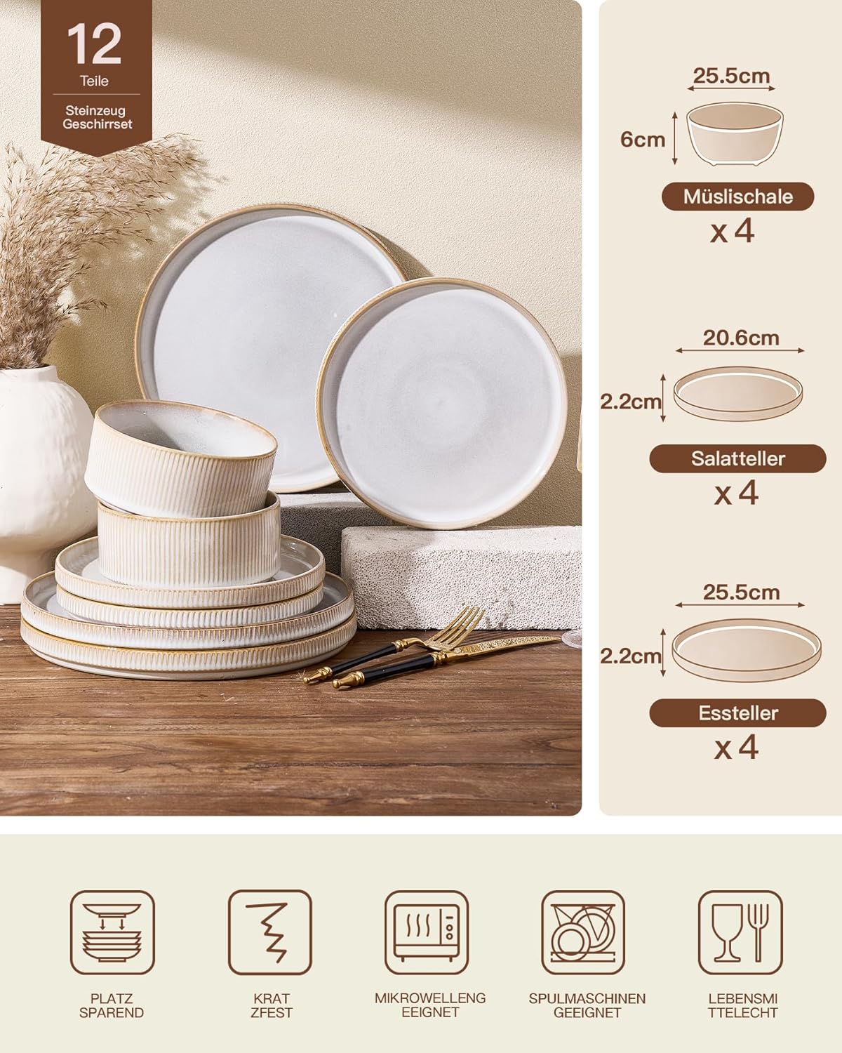 Richmount Star 12-Piece Plate Set, Crockery Set for 4 People, Stoneware Crockery Set, Anti-Scratch Dinner Service, Microwave & Dishwasher Safe, Cappuccino White