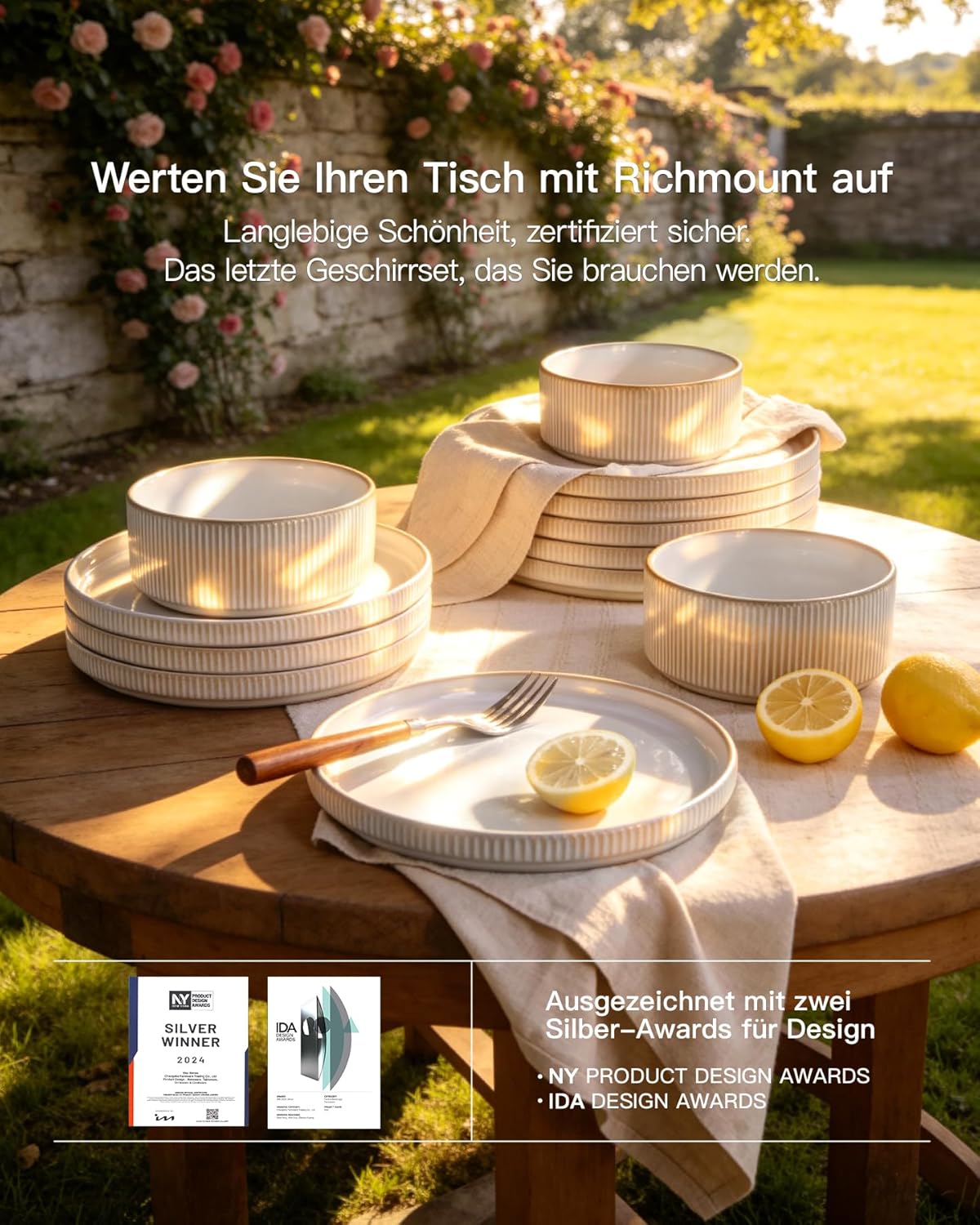 Richmount Star 12-Piece Plate Set, Crockery Set for 4 People, Stoneware Crockery Set, Anti-Scratch Dinner Service, Microwave & Dishwasher Safe, Cappuccino White