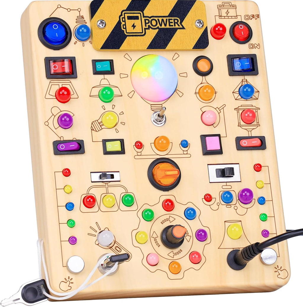 Montessori Wooden Busy Board with LED Light Switches - Sensory Activity Toy for Toddlers 💡🧩