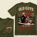 Old Guys Surf Club Too Old To Wipe Out Surfing Grandpa Palm Tree Sunset Graphic T-Shirt