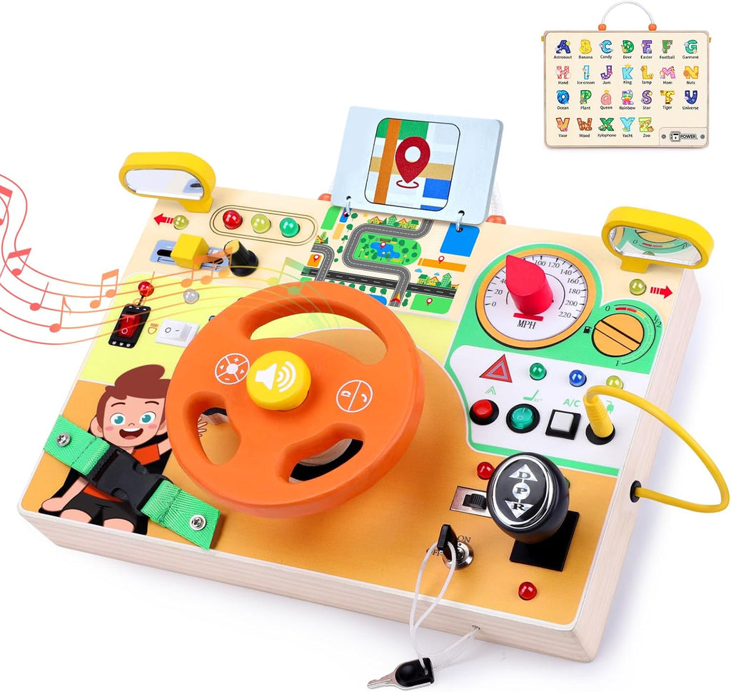 Montessori Wooden Busy Board with LED Light Switches - Sensory Activity Toy for Toddlers 💡🧩