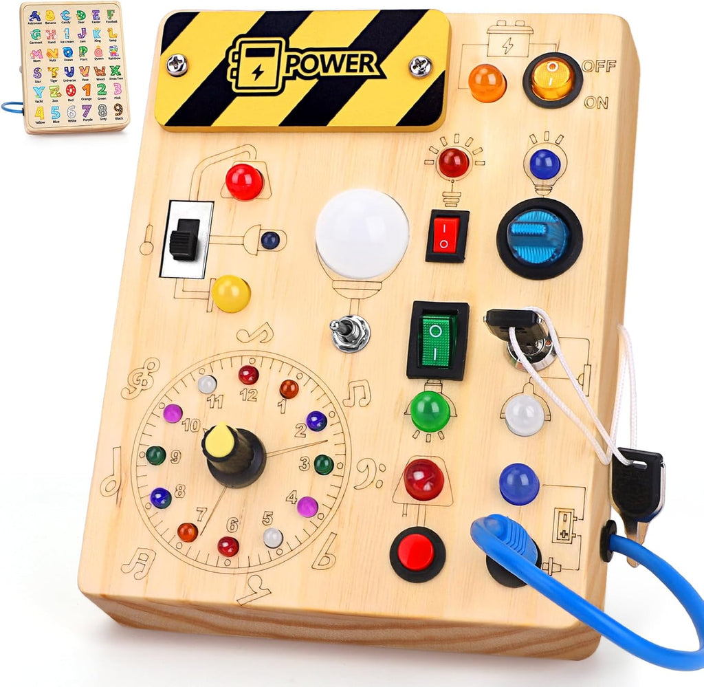 Montessori Wooden Busy Board with LED Light Switches - Sensory Activity Toy for Toddlers 💡🧩
