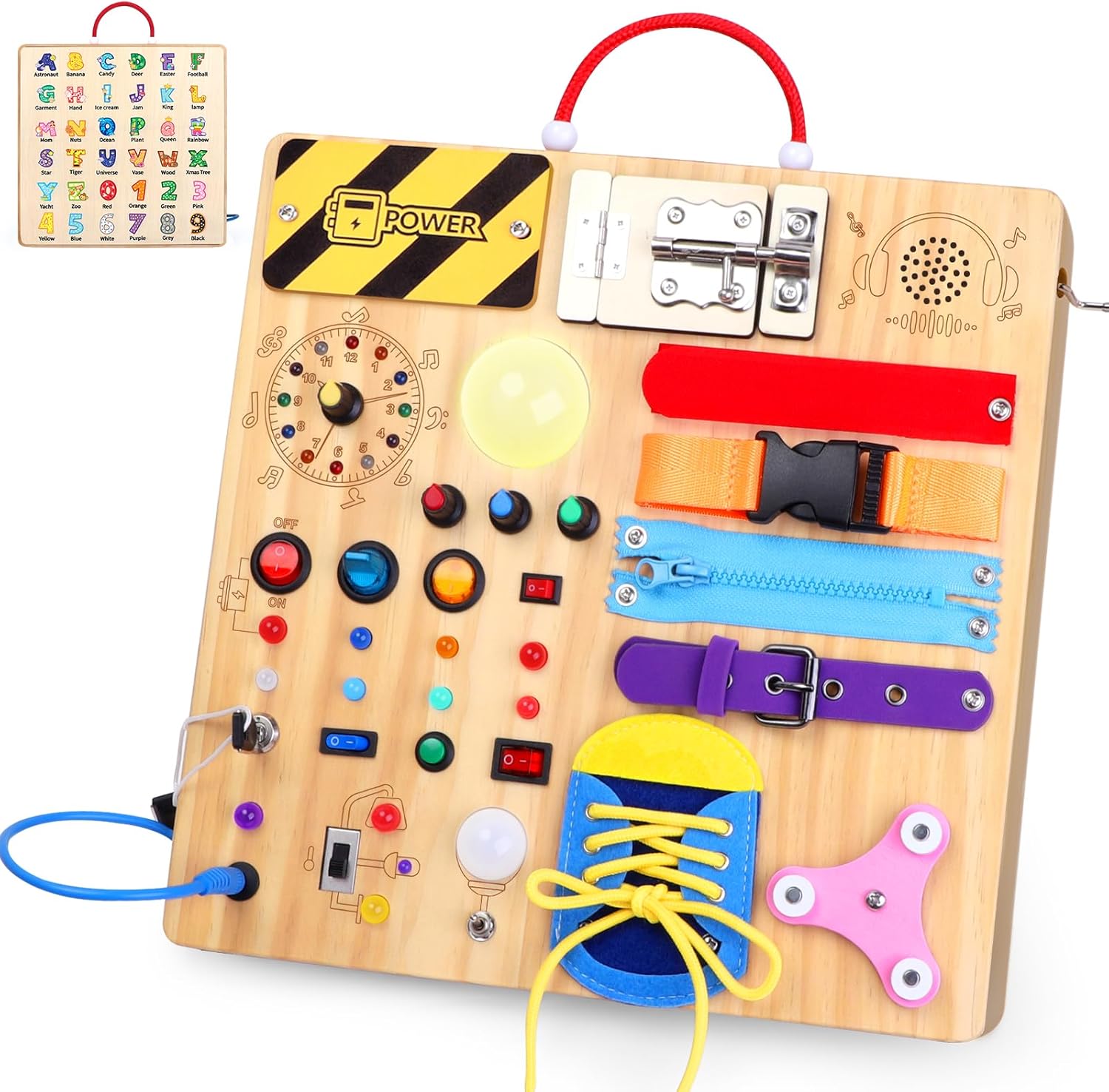 Montessori Wooden Busy Board with LED Light Switches - Sensory Activity Toy for Toddlers 💡🧩