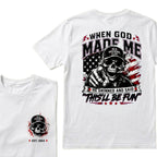 Custom EST.Year When God Made Me He Grinned And Said This'll Be Fun Old Bastards Club Skull American Flag Graphic T-Shirt