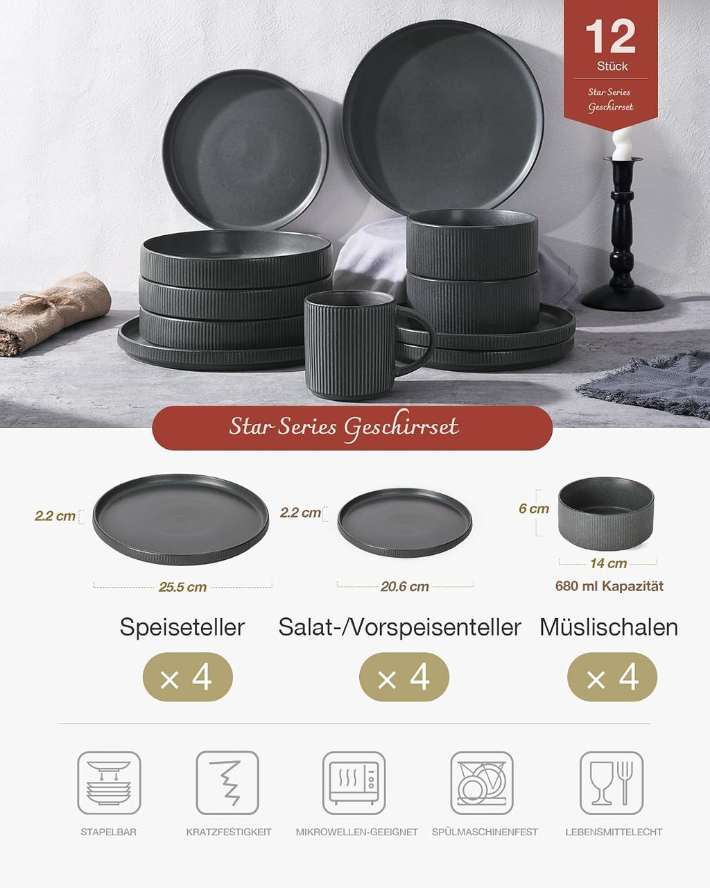 Richmount Star 12-Piece Plate Set, Crockery Set for 4 People, Stoneware Crockery Set, Anti-Scratch Dinner Service, Microwave & Dishwasher Safe, Cappuccino White