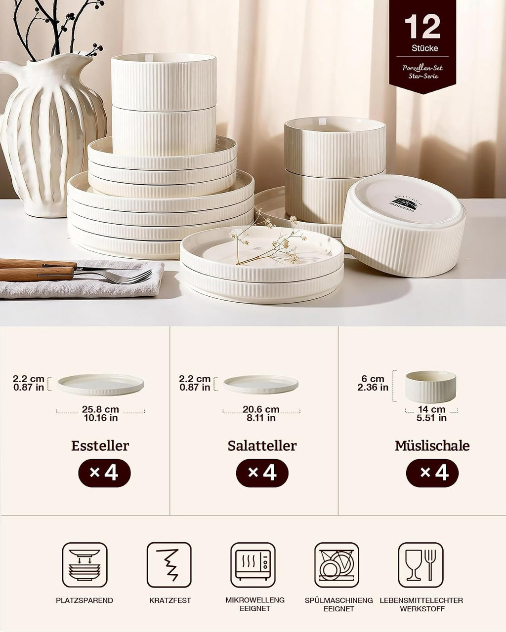 Richmount Star 12-Piece Plate Set, Crockery Set for 4 People, Stoneware Crockery Set, Anti-Scratch Dinner Service, Microwave & Dishwasher Safe, Cappuccino White