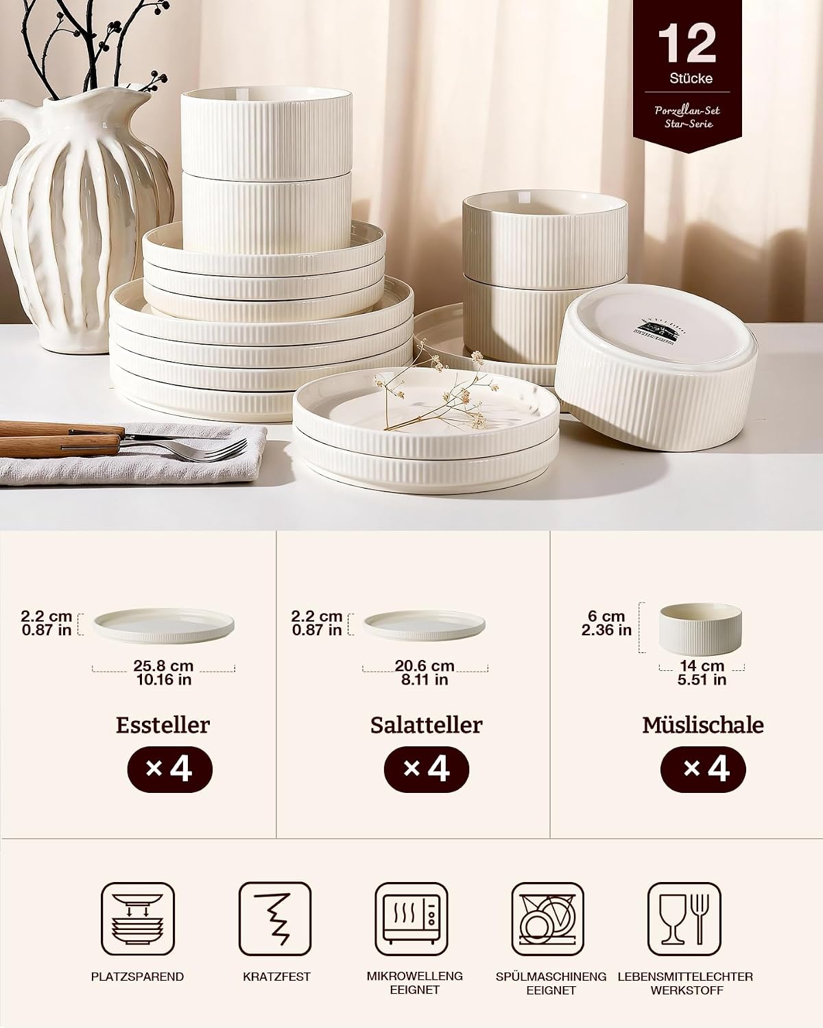 Richmount Star 12-Piece Plate Set, Crockery Set for 4 People, Stoneware Crockery Set, Anti-Scratch Dinner Service, Microwave & Dishwasher Safe, Cappuccino White