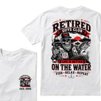 Custom EST.Year Retired Guys Club Life Is Better On The Water Fish Relax Repeat No Boss No Alarm No Problem Skeleton Fisherman Graphic T-Shirt