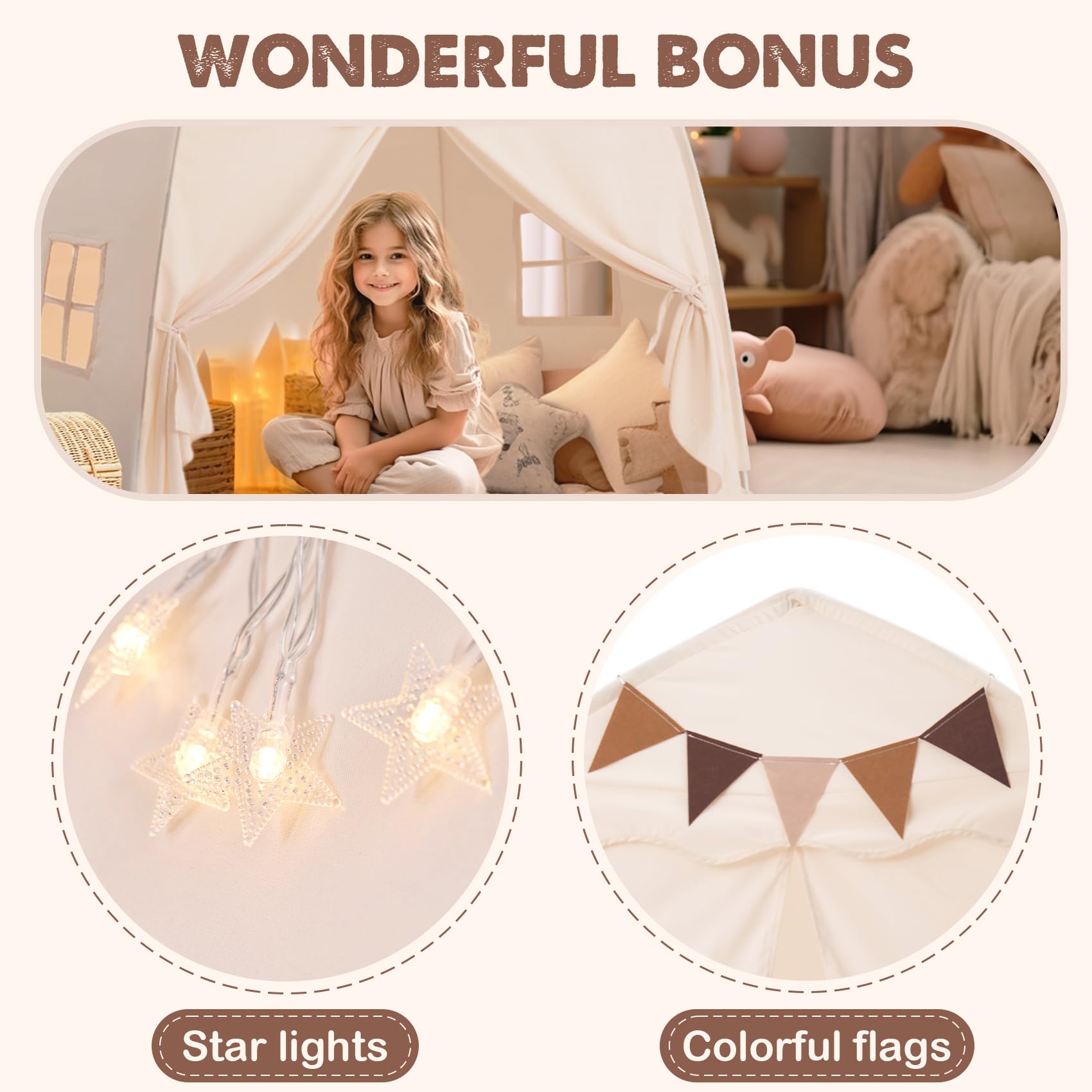 Extra Large Kids Play Tent with Star Lights & Flags - Indoor/Outdoor Playhouse (59" x 39" x 59") ⛺✨