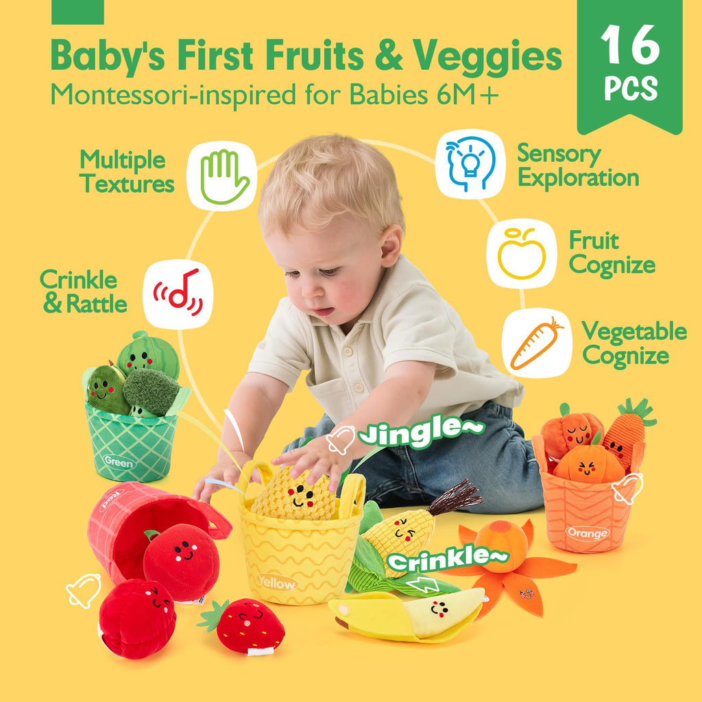 🥦 My First Sensory Fruits & Veggies - Montessori Plush Toy Set 🍓