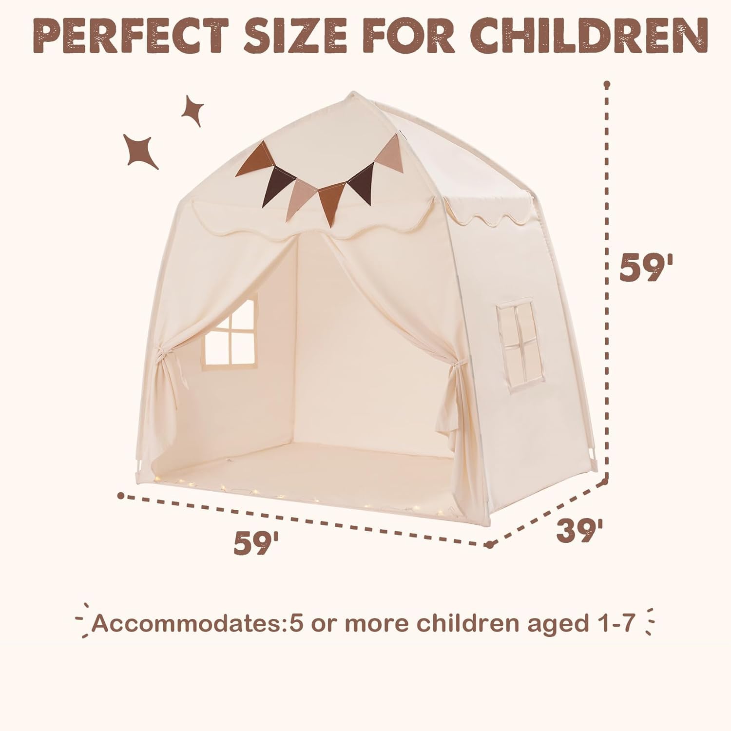 Extra Large Kids Play Tent with Star Lights & Flags - Indoor/Outdoor Playhouse (59" x 39" x 59") ⛺✨