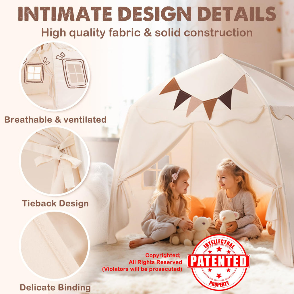 Extra Large Kids Play Tent with Star Lights & Flags - Indoor/Outdoor Playhouse (59" x 39" x 59") ⛺✨