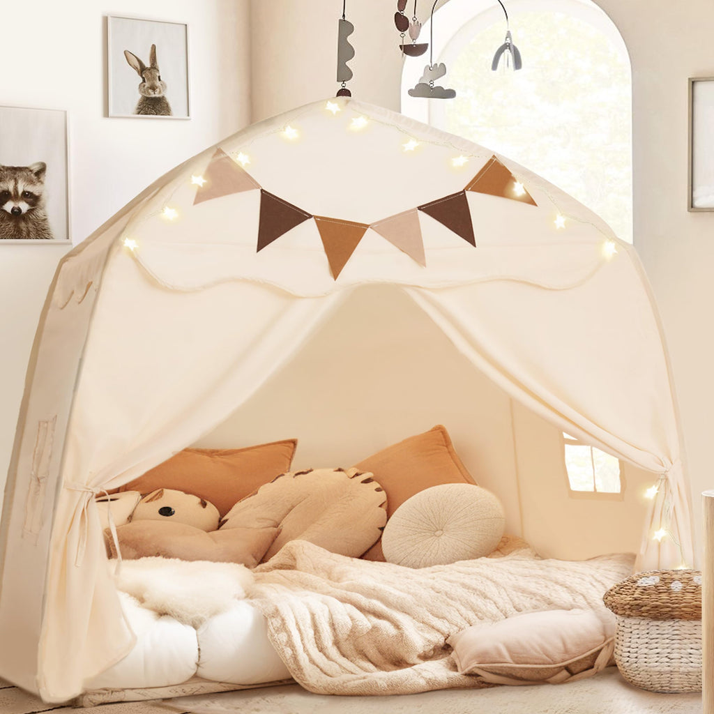 Extra Large Kids Play Tent with Star Lights & Flags - Indoor/Outdoor Playhouse (59" x 39" x 59") ⛺✨