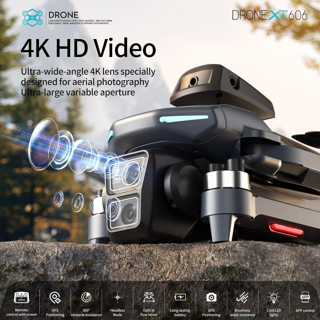 XT606 GPS Drone with 4K Camera EIS for Adults, 5G RC Camera Drones with 4.3" HD Screen, GPS Follow & Auto Return, Long Range Transmission, 90 Mins Flight Time with 3 Batteries, Foldable Drone with Brushless Motor, RC Drones for Beginner Gifts, Under 249g
