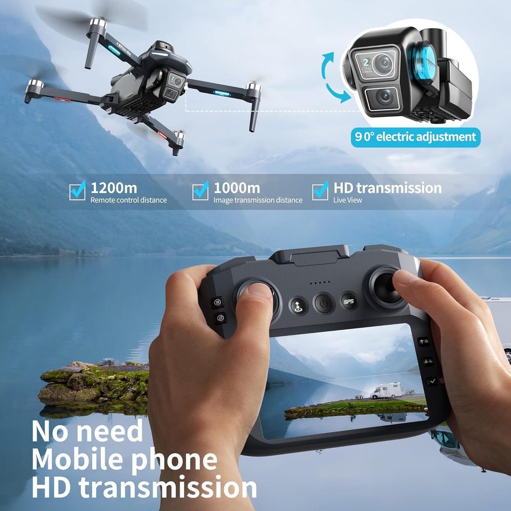 XT606 GPS Drone with 4K Camera EIS for Adults, 5G RC Camera Drones with 4.3" HD Screen, GPS Follow & Auto Return, Long Range Transmission, 90 Mins Flight Time with 3 Batteries, Foldable Drone with Brushless Motor, RC Drones for Beginner Gifts, Under 249g
