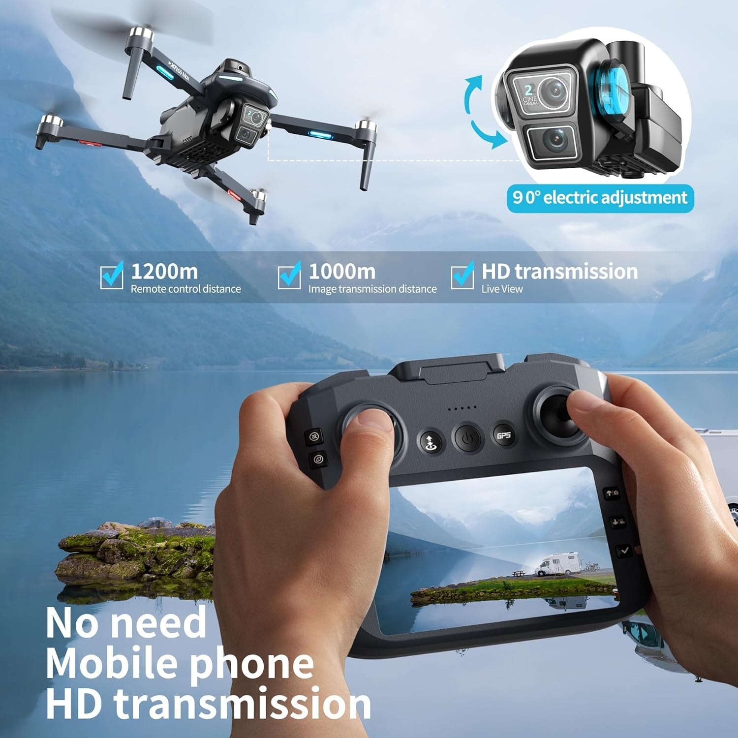 XT606 GPS Drone with 4K Camera EIS for Adults, 5G RC Camera Drones with 4.3" HD Screen, GPS Follow & Auto Return, Long Range Transmission, 90 Mins Flight Time with 3 Batteries, Foldable Drone with Brushless Motor, RC Drones for Beginner Gifts, Under 249g