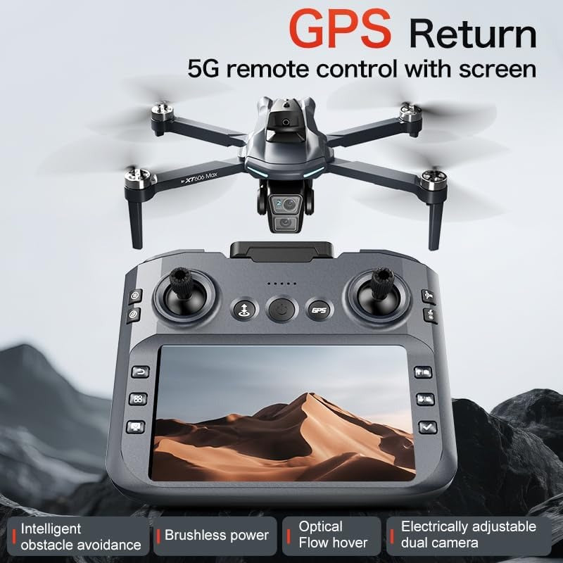 XT606 GPS Drone with 4K Camera EIS for Adults, 5G RC Camera Drones with 4.3" HD Screen, GPS Follow & Auto Return, Long Range Transmission, 90 Mins Flight Time with 3 Batteries, Foldable Drone with Brushless Motor, RC Drones for Beginner Gifts, Under 249g