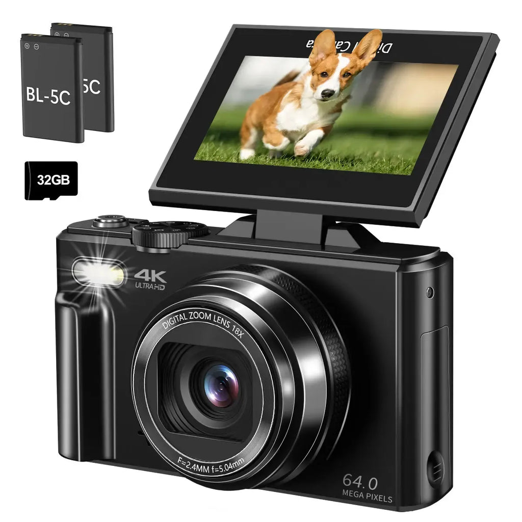 4K Digital Camera for Photography, 64MP Vlogging Camera with 3" 180° Flip Screen, 18X Zoom, 32GB Card & 2 Batteries - Ideal Travel & Holiday Gift