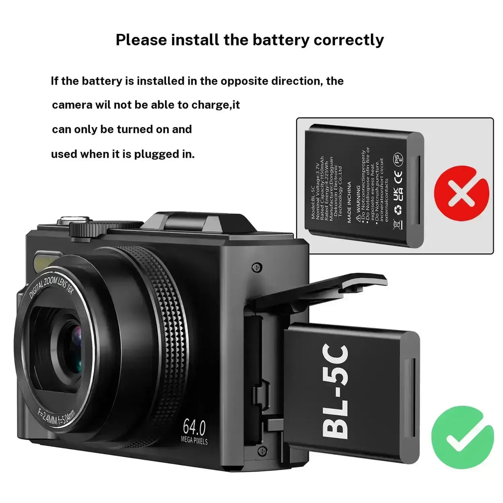 4K Digital Camera for Photography, 64MP Vlogging Camera with 3" 180° Flip Screen, 18X Zoom, 32GB Card & 2 Batteries - Ideal Travel & Holiday Gift