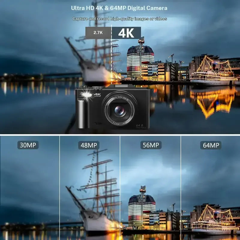 4K Digital Camera for Photography, 64MP Vlogging Camera with 3" 180° Flip Screen, 18X Zoom, 32GB Card & 2 Batteries - Ideal Travel & Holiday Gift