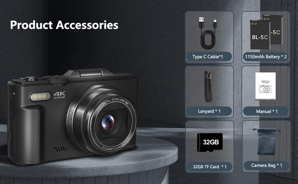 4K Digital Camera for Photography, 64MP Vlogging Camera with 3" 180° Flip Screen, 18X Zoom, 32GB Card & 2 Batteries - Ideal Travel & Holiday Gift