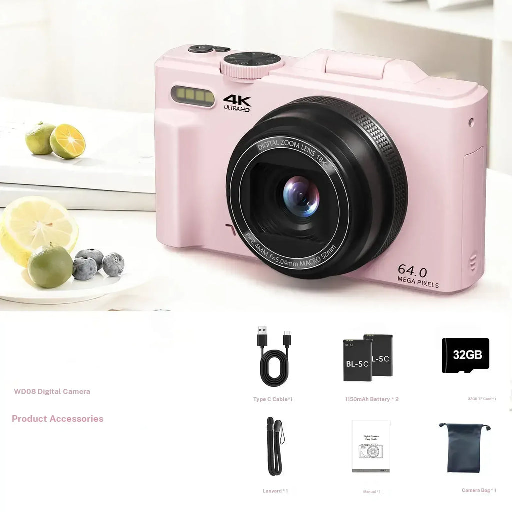 4K Digital Camera for Photography, 64MP Vlogging Camera with 3" 180° Flip Screen, 18X Zoom, 32GB Card & 2 Batteries - Ideal Travel & Holiday Gift