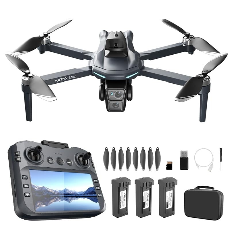 XT606 GPS Drone with 4K Camera EIS for Adults, 5G RC Camera Drones with 4.3" HD Screen, GPS Follow & Auto Return, Long Range Transmission, 90 Mins Flight Time with 3 Batteries, Foldable Drone with Brushless Motor, RC Drones for Beginner Gifts, Under 249g