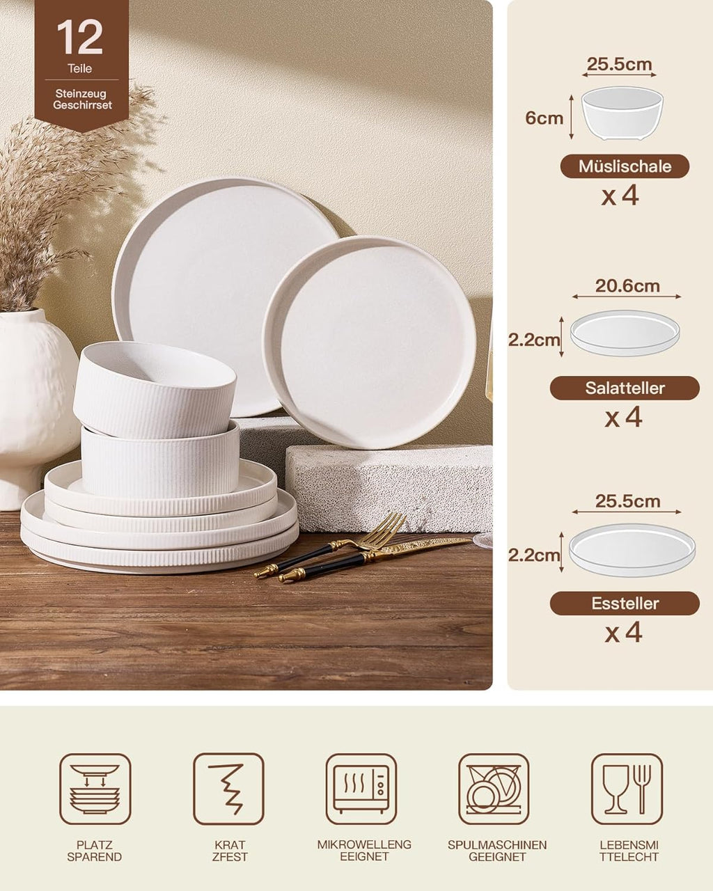 Richmount Star 12-Piece Plate Set, Crockery Set for 4 People, Stoneware Crockery Set, Anti-Scratch Dinner Service, Microwave & Dishwasher Safe, Cappuccino White