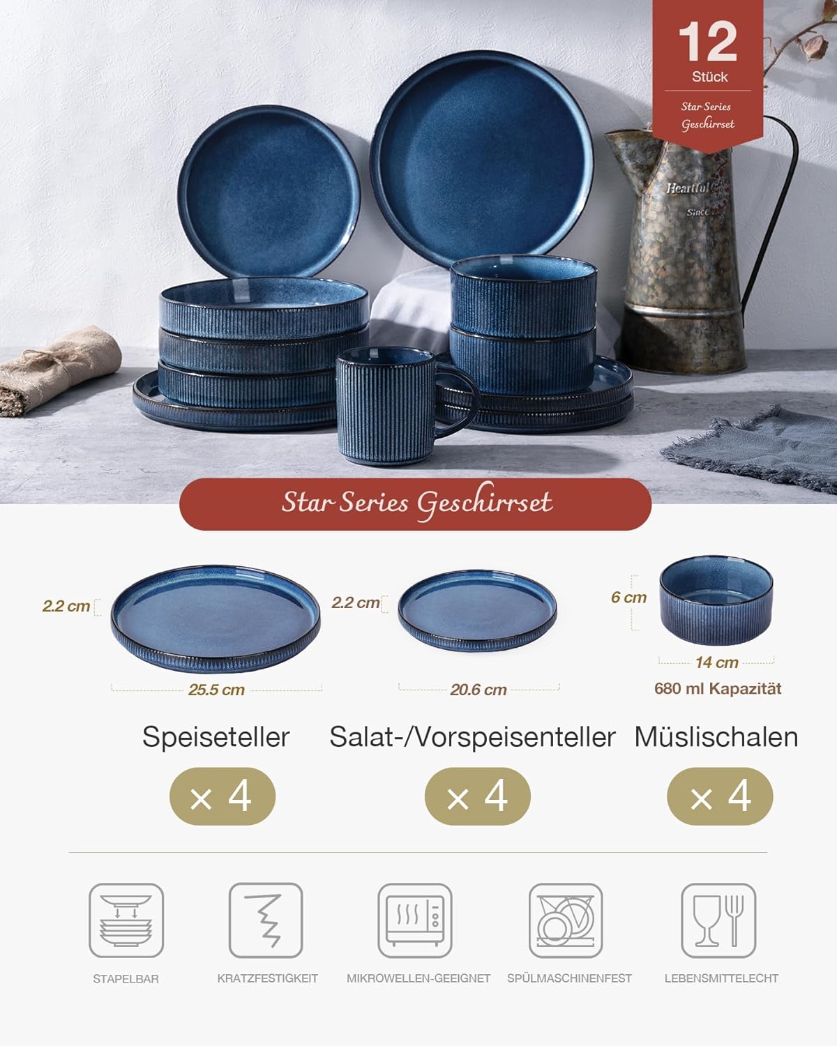 Richmount Star 12-Piece Plate Set, Crockery Set for 4 People, Stoneware Crockery Set, Anti-Scratch Dinner Service, Microwave & Dishwasher Safe, Cappuccino White