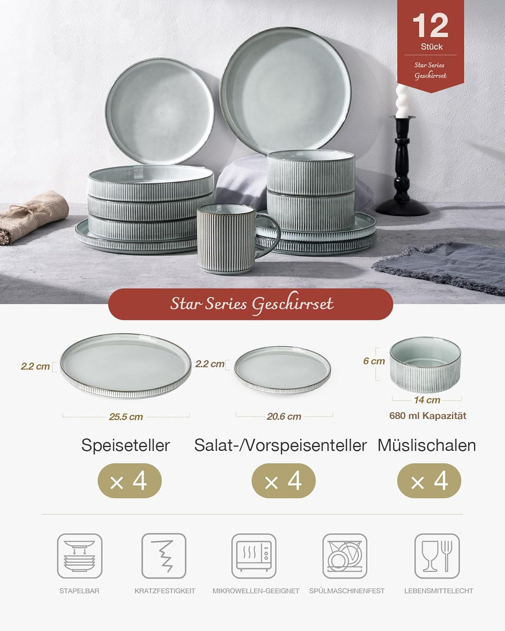 Richmount Star 12-Piece Plate Set, Crockery Set for 4 People, Stoneware Crockery Set, Anti-Scratch Dinner Service, Microwave & Dishwasher Safe, Cappuccino White