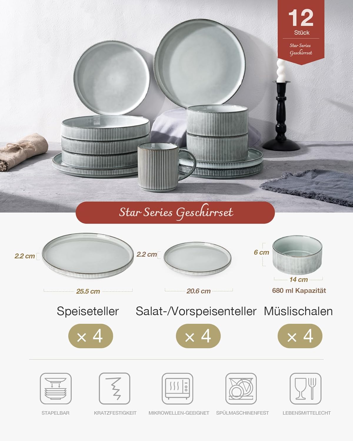 Richmount Star 12-Piece Plate Set, Crockery Set for 4 People, Stoneware Crockery Set, Anti-Scratch Dinner Service, Microwave & Dishwasher Safe, Cappuccino White