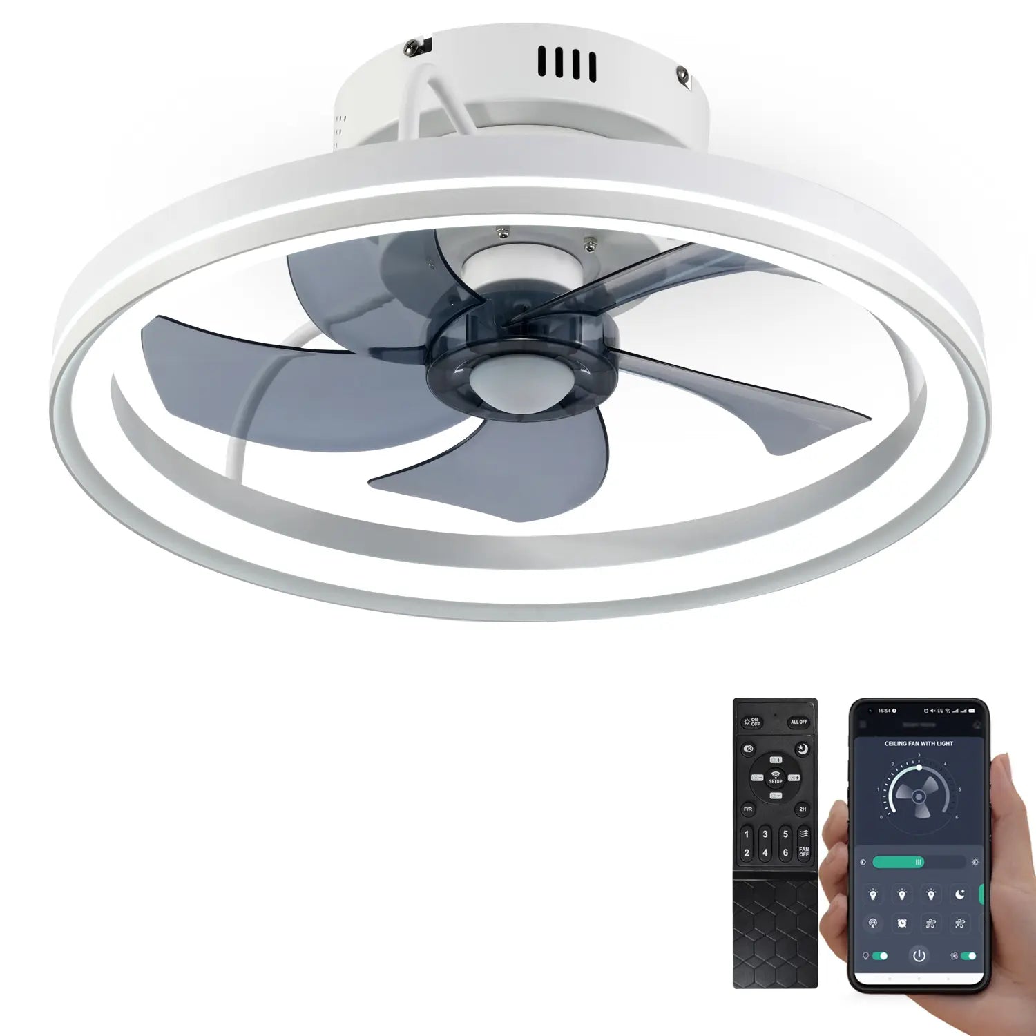 Ceiling Fans with Lights, Flush Mount Modern Ceiling Fan and App & Remote Control, 19" LED Dimmable 6 Speeds Summer Gift