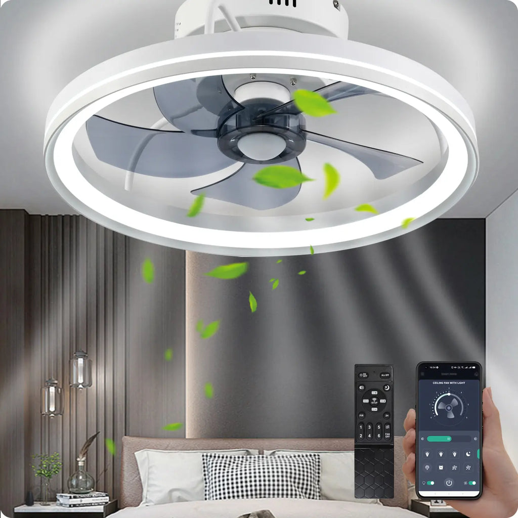 Ceiling Fans with Lights, Flush Mount Modern Ceiling Fan and App & Remote Control, 19" LED Dimmable 6 Speeds Summer Gift