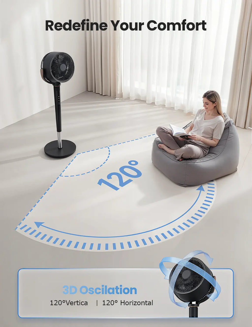 Fan for Bedroom, 120° Oscillating Standing Fan, 85ft Air Circulator With Remote, DC Motor Quiet Floor Fan